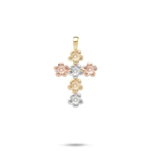Plumeria Cross Pendant with Diamonds in Tri Color Gold - 25mm
