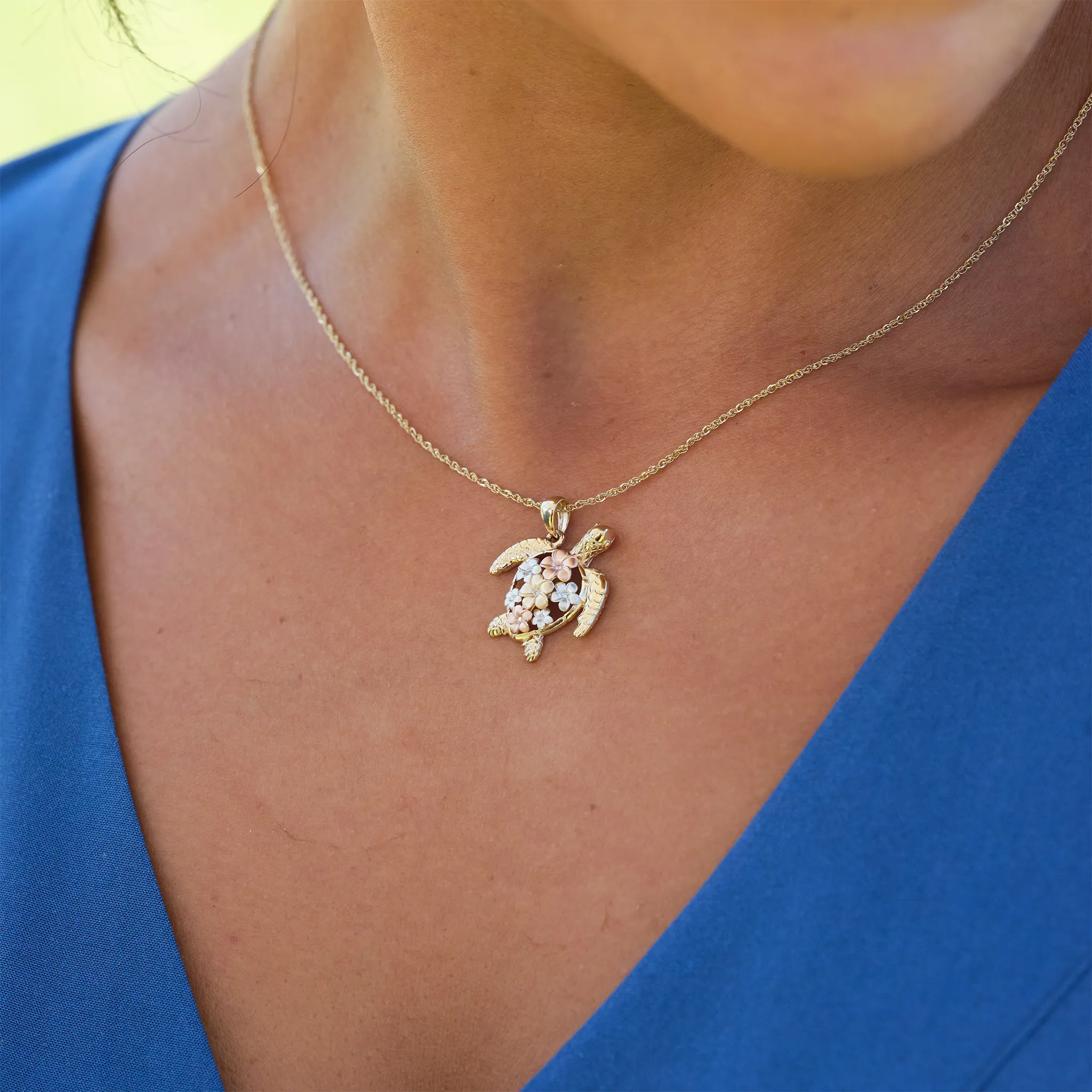 Plumeria Honu (Turtle) Pendant in Tri Color Gold with Diamonds - 21mm