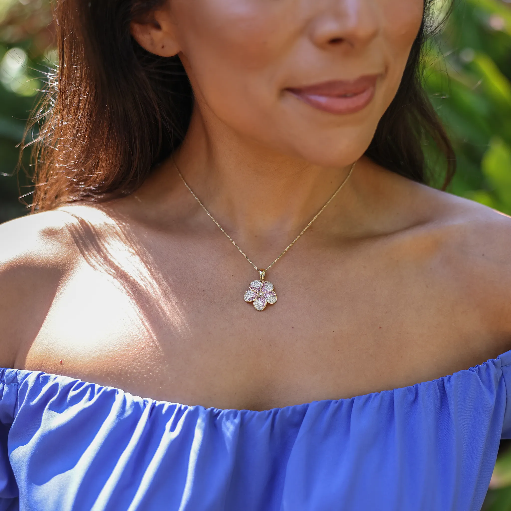 Plumeria Pink Sapphire Pendant in Gold with Diamonds - 20mm