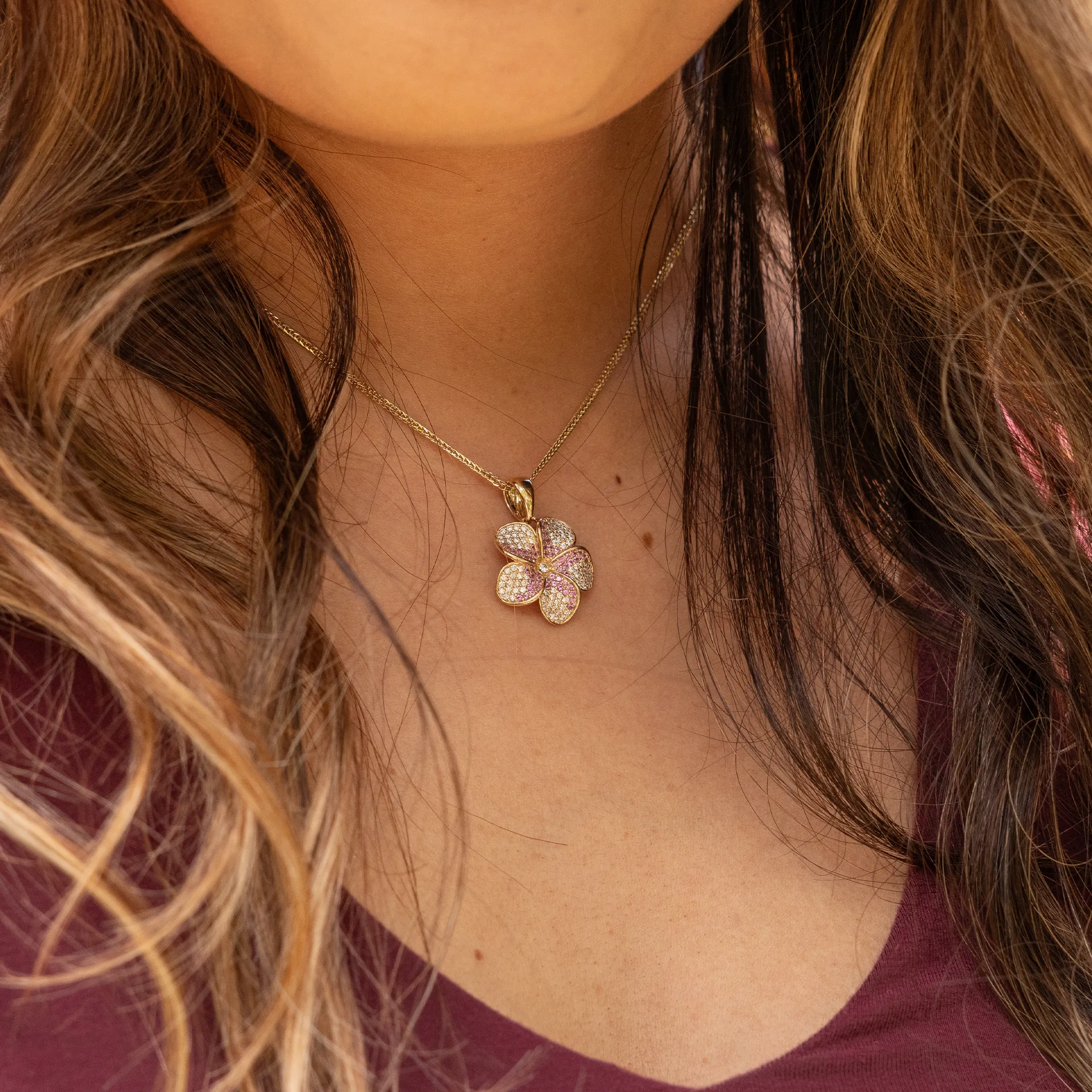 Plumeria Pink Sapphire Pendant in Gold with Diamonds - 20mm