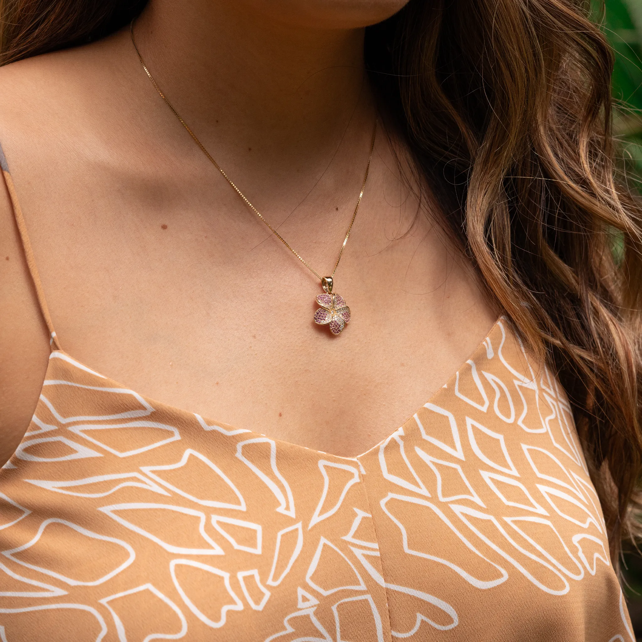 Plumeria Pink Sapphire Pendant in Gold with Diamonds - 20mm