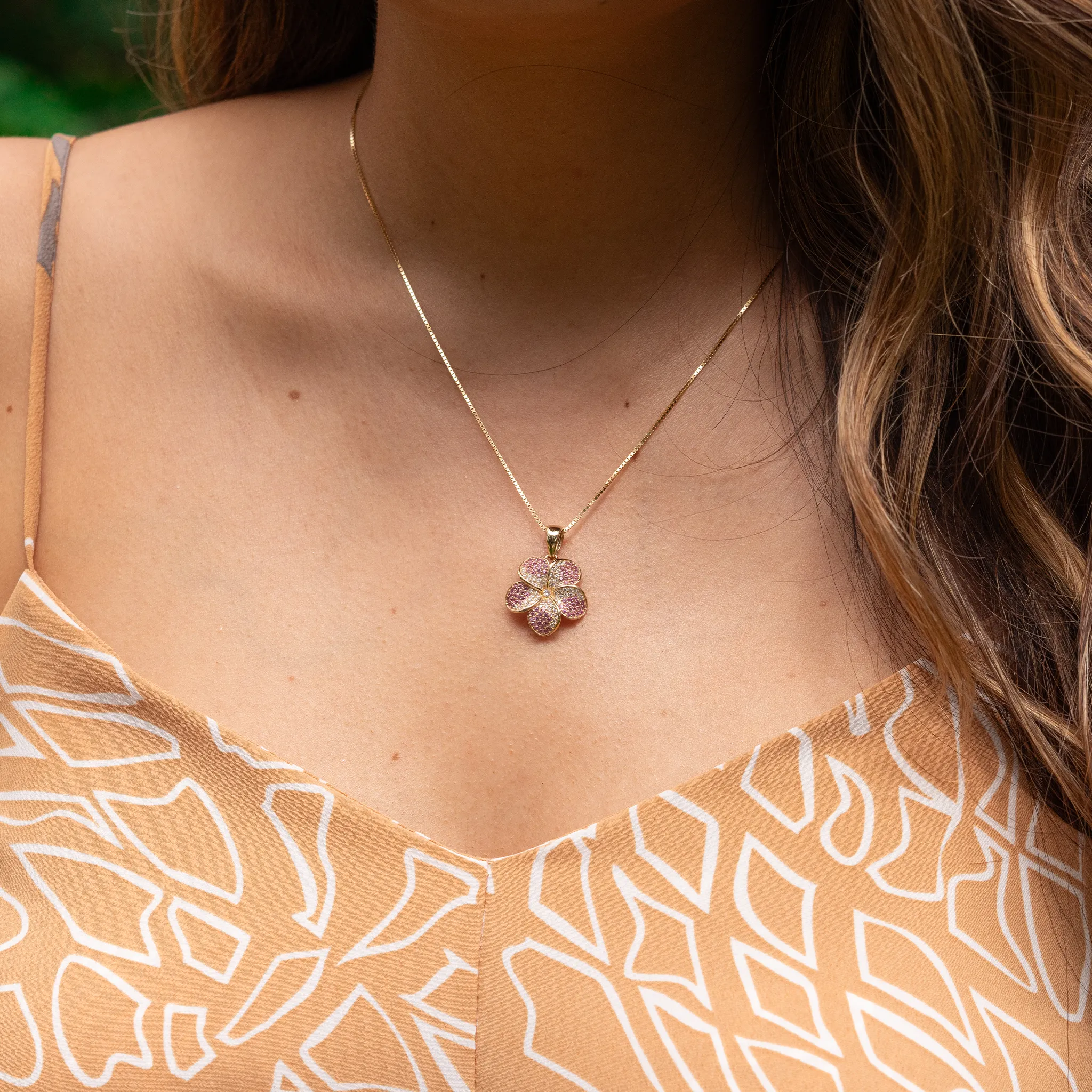 Plumeria Pink Sapphire Pendant in Gold with Diamonds - 20mm