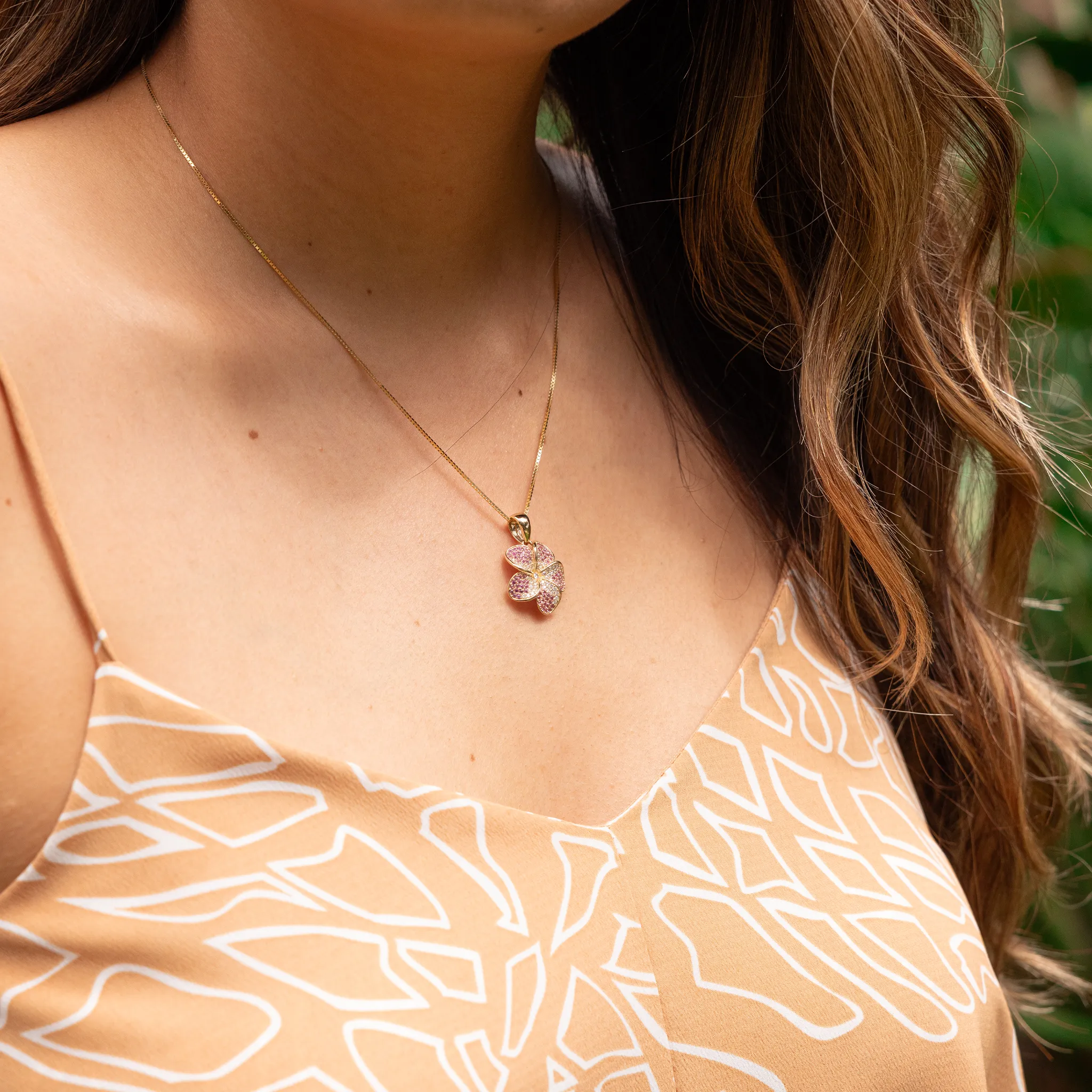 Plumeria Pink Sapphire Pendant in Gold with Diamonds - 20mm