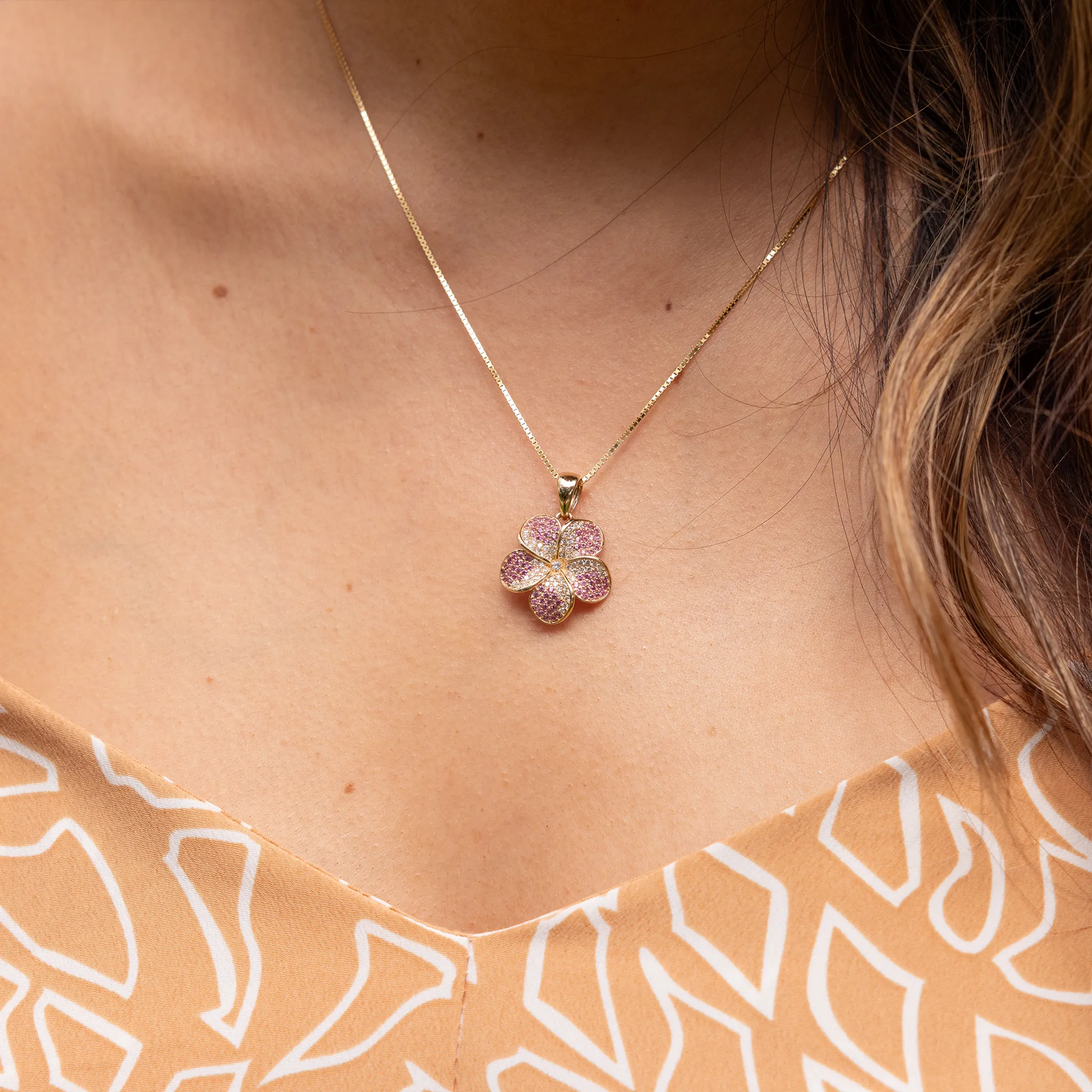 Plumeria Pink Sapphire Pendant in Gold with Diamonds - 20mm