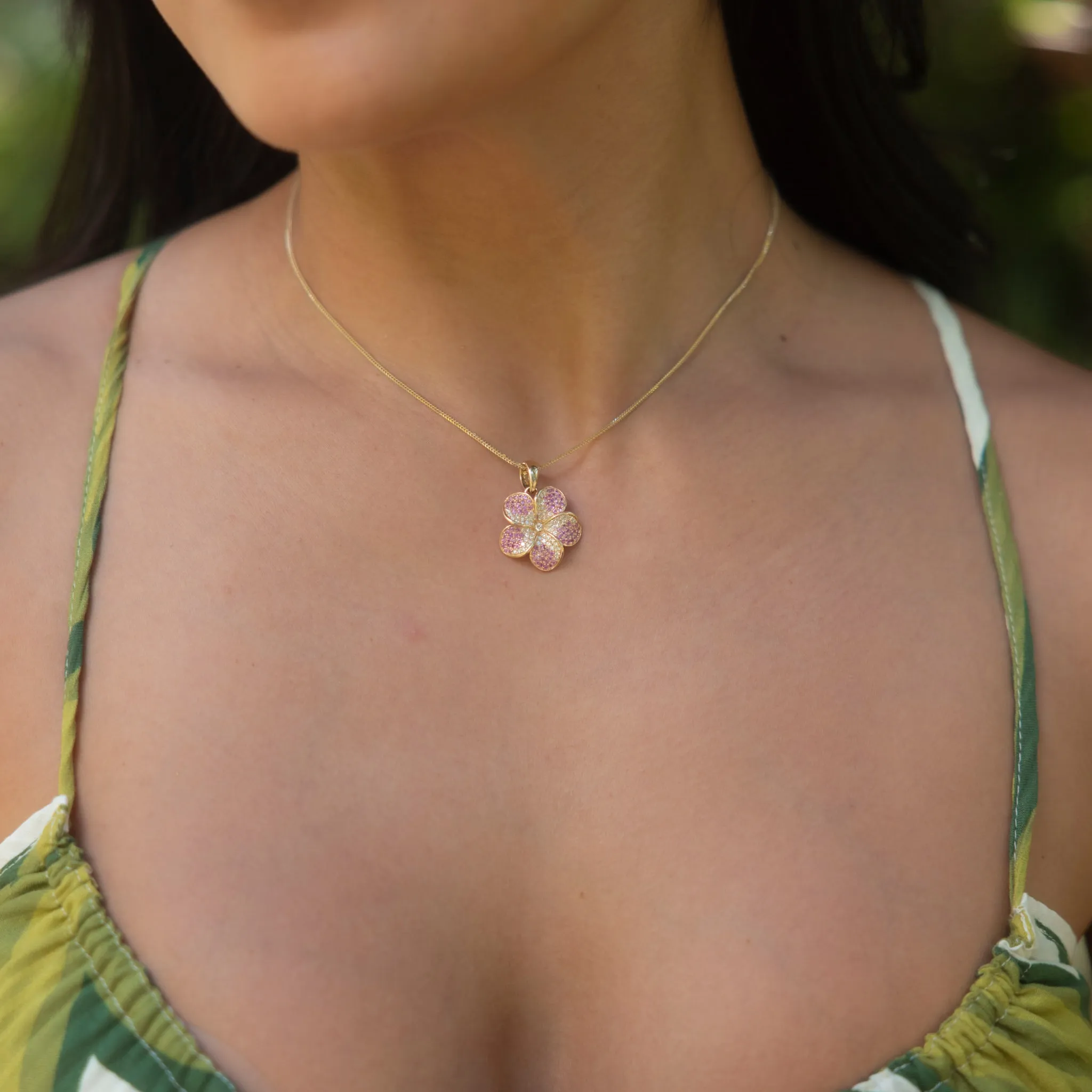 Plumeria Pink Sapphire Pendant in Gold with Diamonds - 20mm