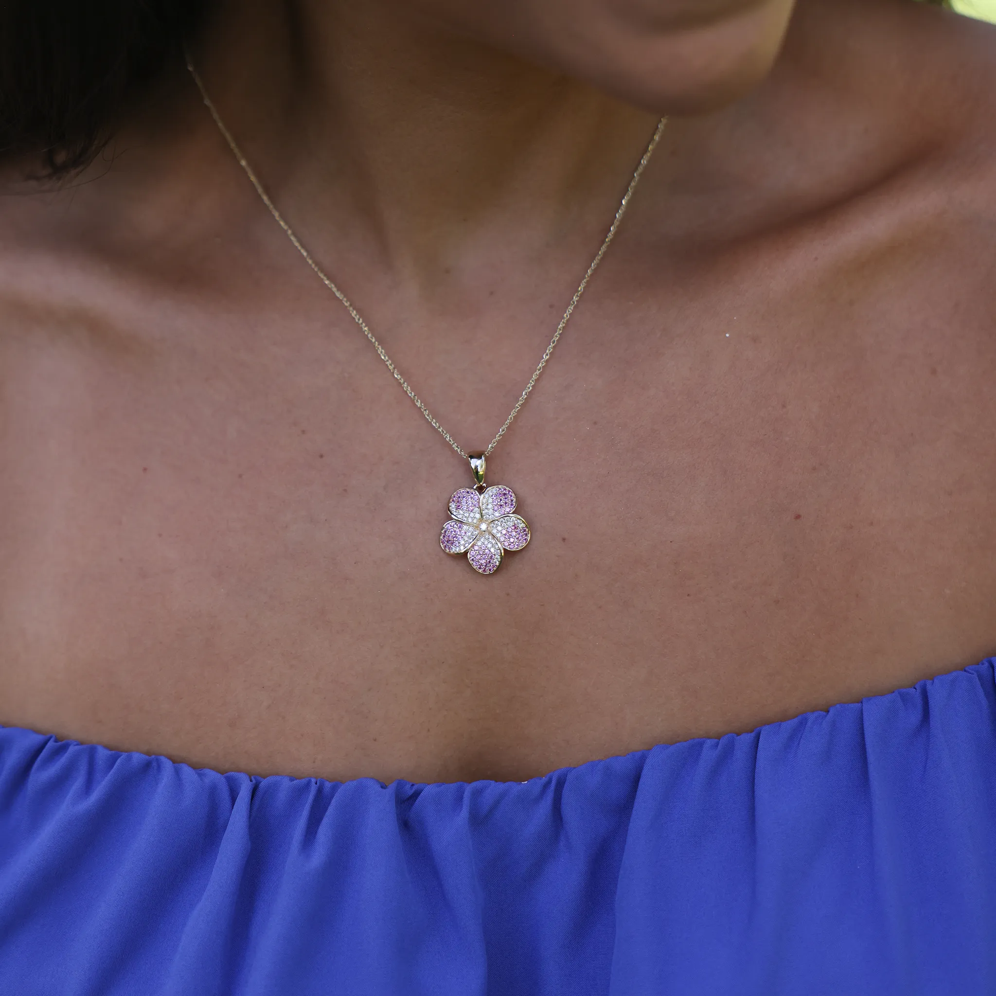 Plumeria Pink Sapphire Pendant in Gold with Diamonds - 20mm
