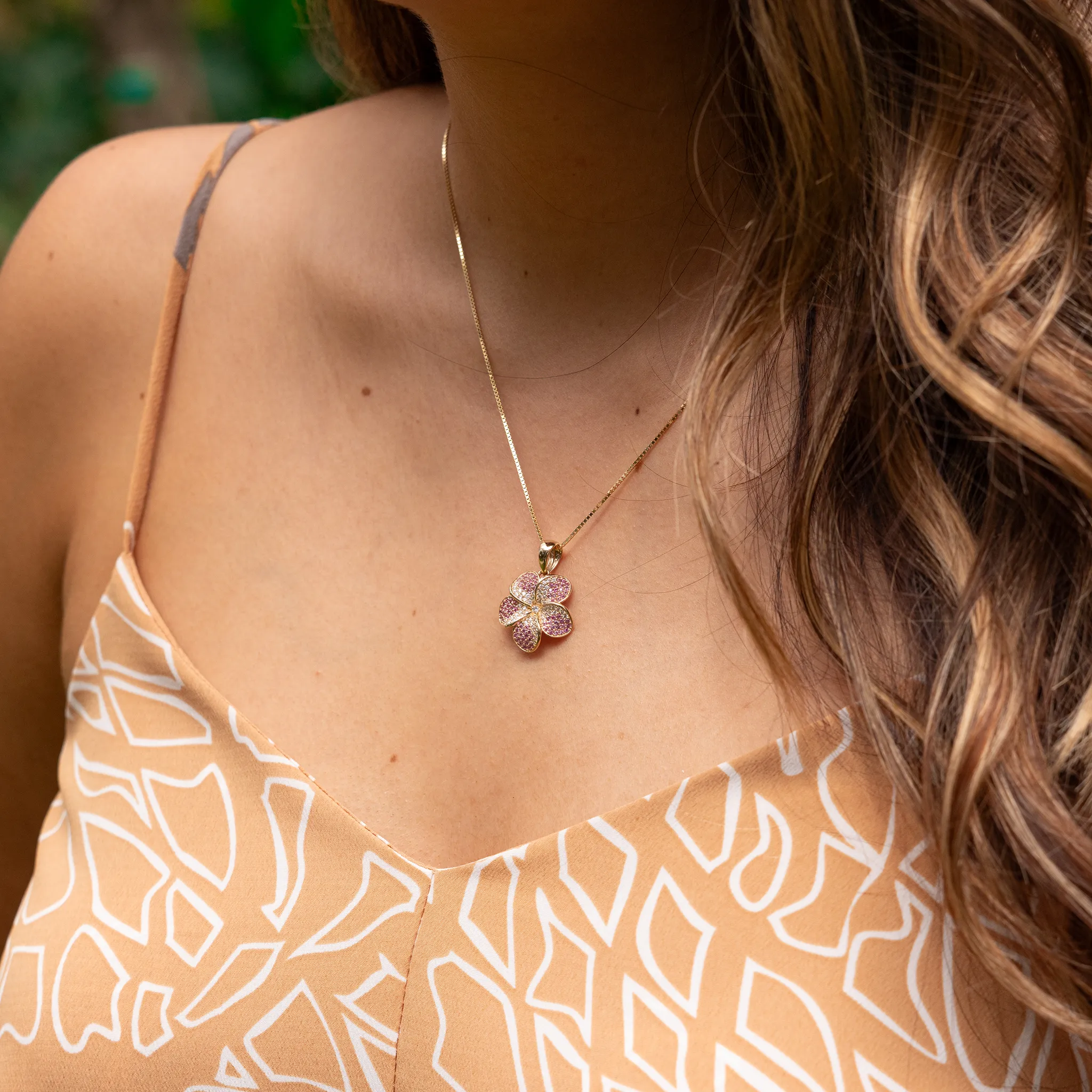Plumeria Pink Sapphire Pendant in Gold with Diamonds - 20mm