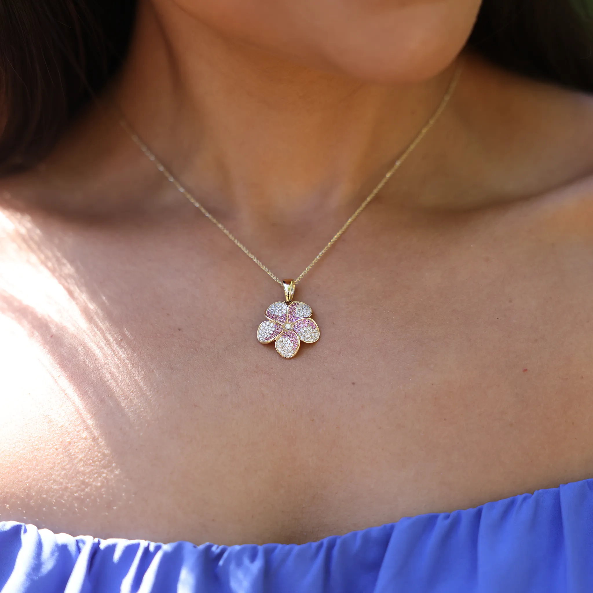 Plumeria Pink Sapphire Pendant in Gold with Diamonds - 20mm