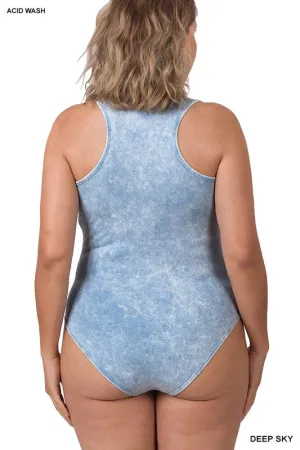Plus Acid Washed Racerback Tank Bodysuit – Vintage-Inspired Fitted One-Piece