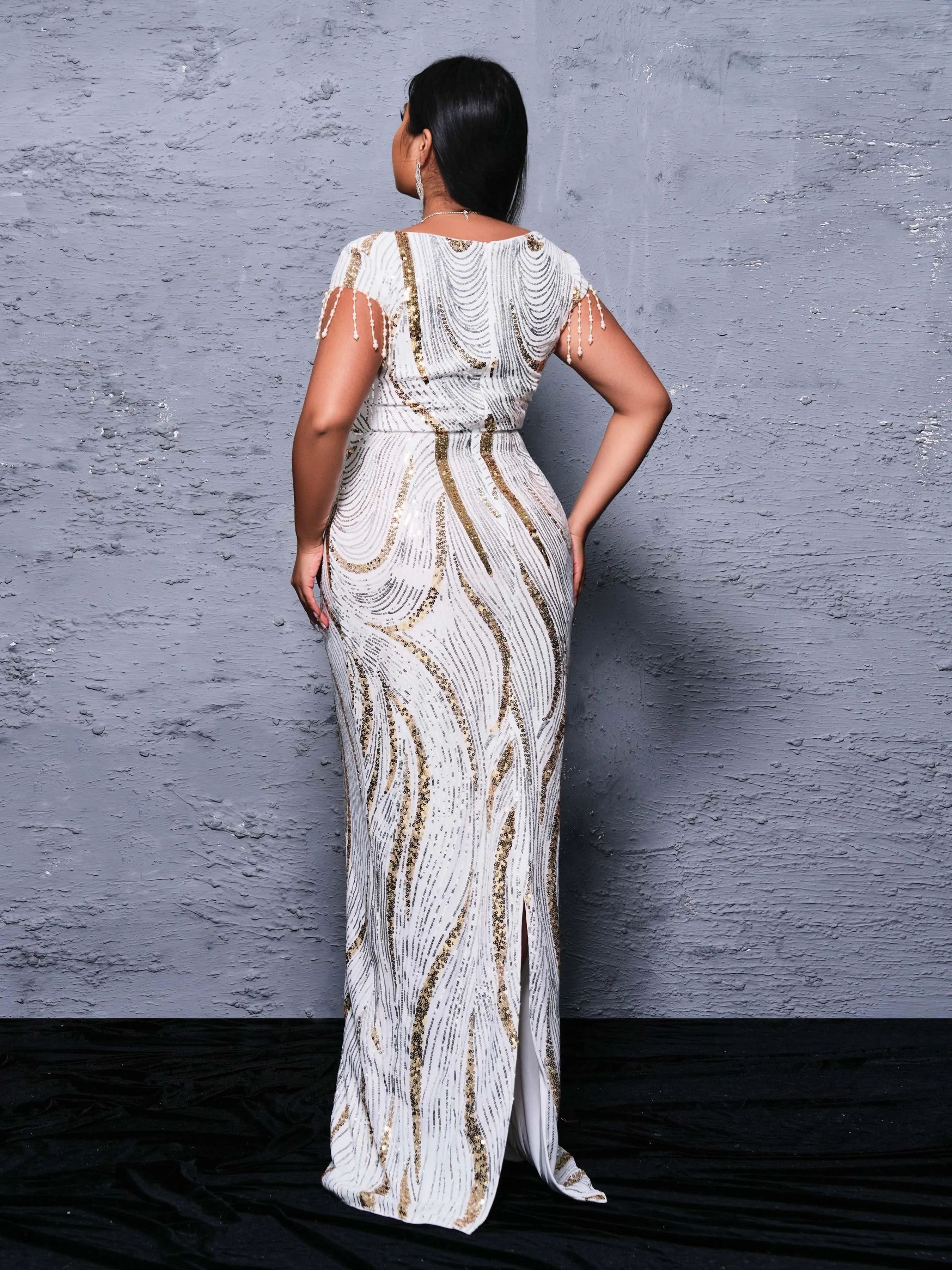 Plus Pearl Sleeve Sequin Formal Dress PRX70086
