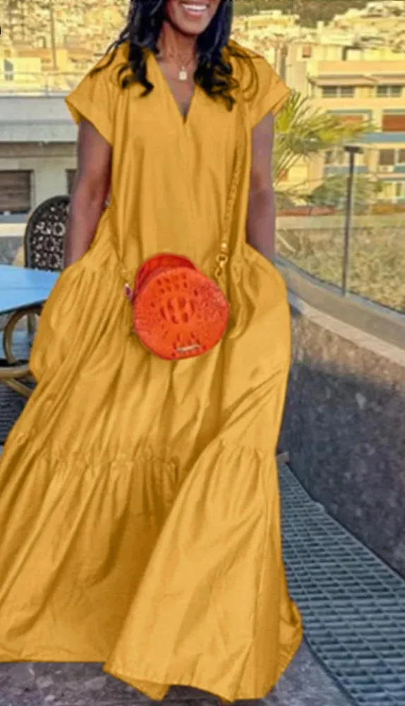 Plus Size Bohemian Dress Solid Color Casual