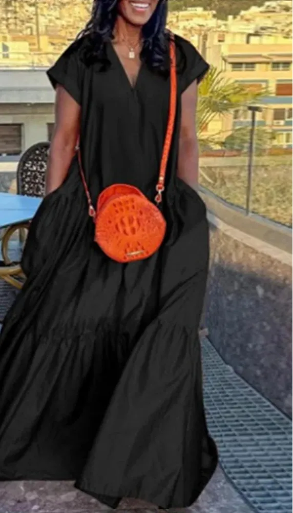Plus Size Bohemian Dress Solid Color Casual