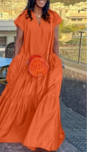 Plus Size Bohemian Dress Solid Color Casual