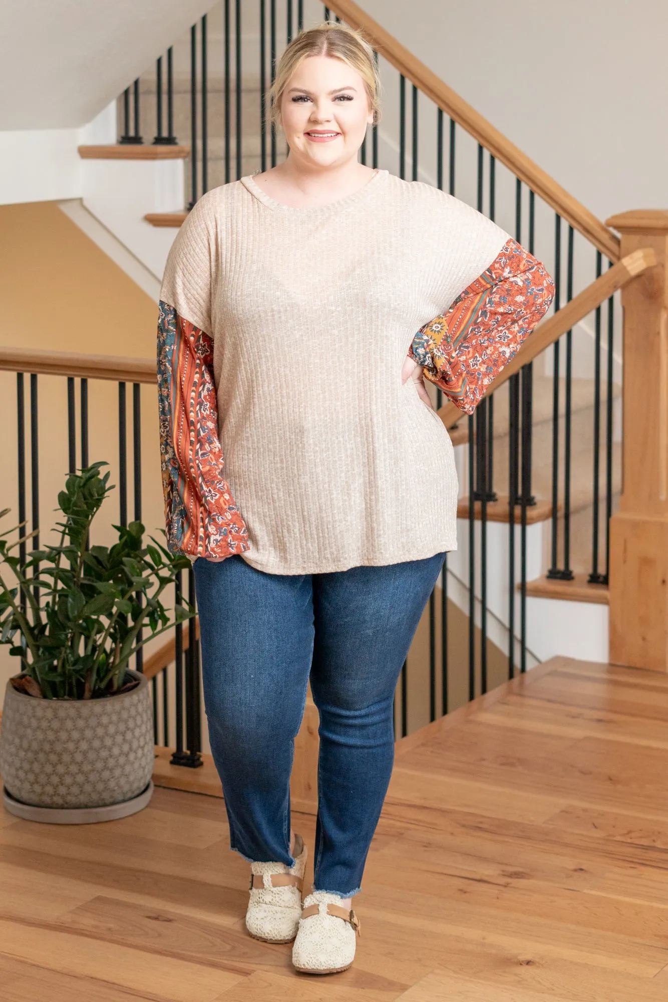 Plus Size Bubble Long Sleeve Top - Taupe
