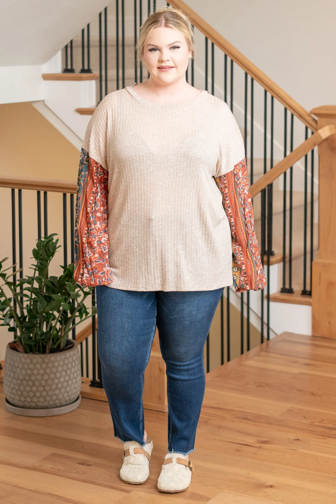Plus Size Bubble Long Sleeve Top - Taupe