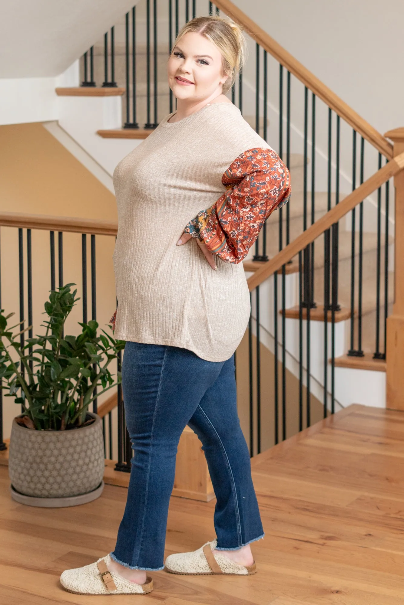 Plus Size Bubble Long Sleeve Top - Taupe