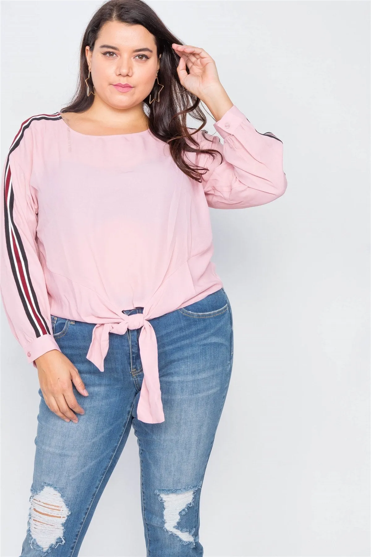Plus Size Color Block Sleeve Sheer Top