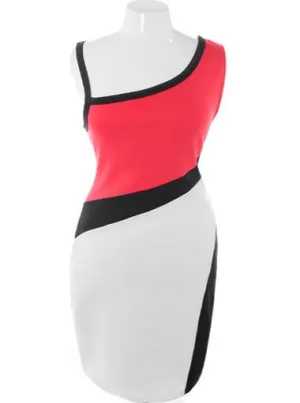 Plus Size Colorblock One Shoulder Red Dress