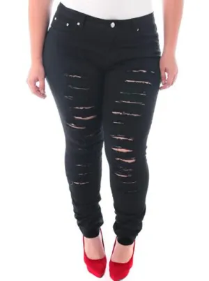Plus Size Designer Slashed Black Skinny Jeans