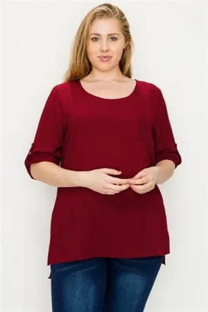 Plus Size Koshibo Roll-Tabs Sleeves Top Burgundy - Pack of 6