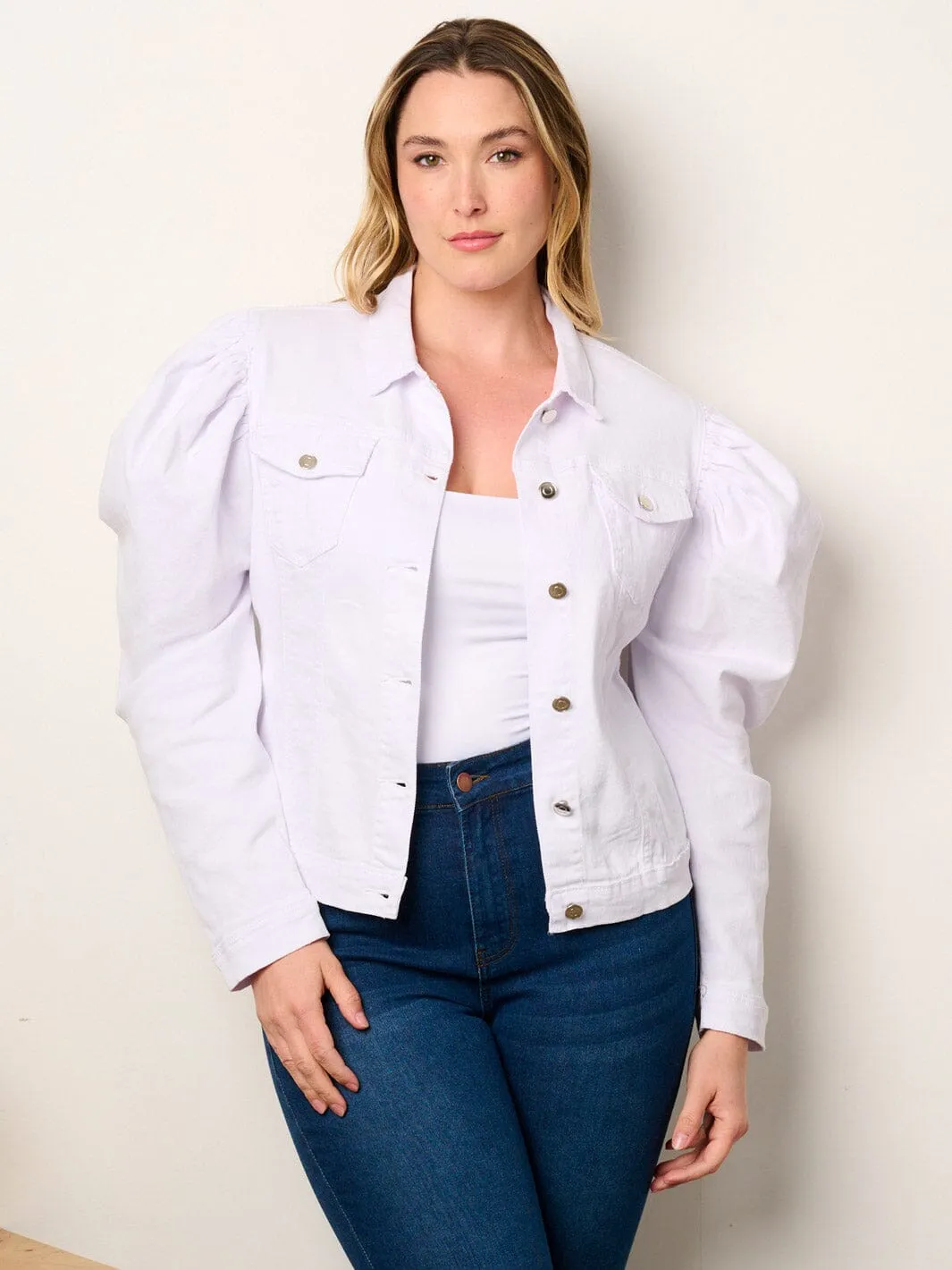 PLUS SIZE LONG PUFF SLEEVE BUTTON CLOSURE DENIM JACKET