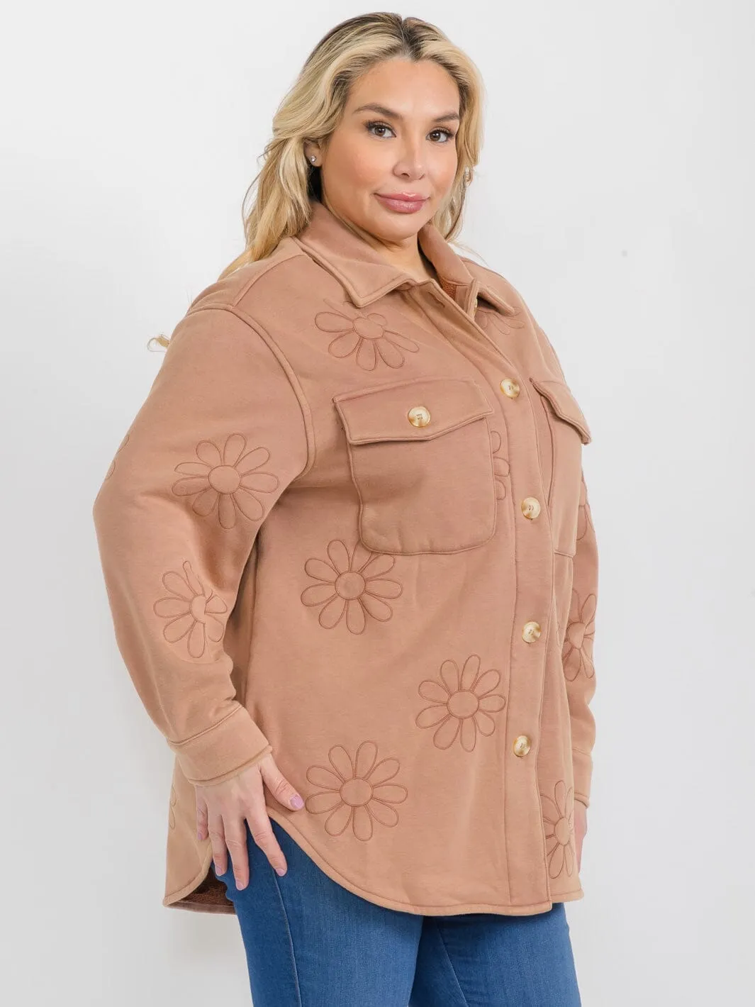 PLUS SIZE LONG SLEEVE BUTTON CLOSURE POCKETS FLOWER PRINT JACKET
