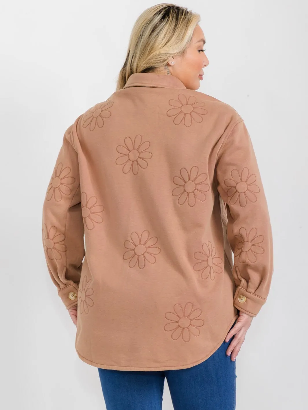 PLUS SIZE LONG SLEEVE BUTTON CLOSURE POCKETS FLOWER PRINT JACKET