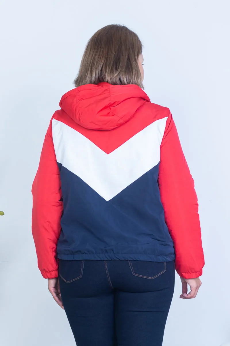 Plus Size Multi Color Block Chevron Windbreaker Puffer Jacket with Hood **runs small** (JX8073)