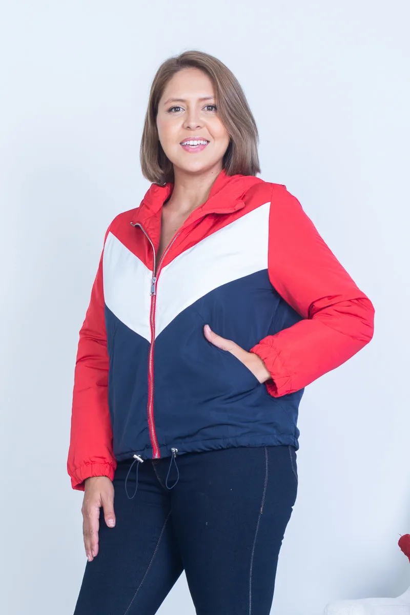 Plus Size Multi Color Block Chevron Windbreaker Puffer Jacket with Hood **runs small** (JX8073)