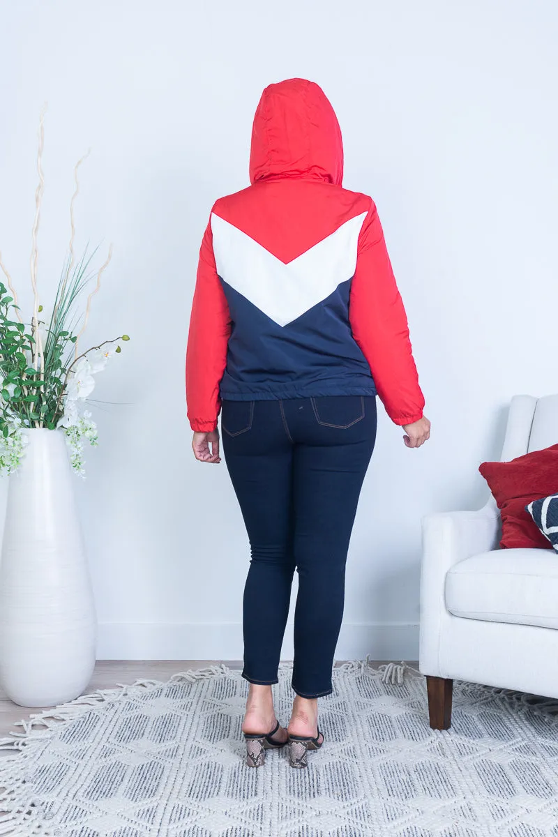 Plus Size Multi Color Block Chevron Windbreaker Puffer Jacket with Hood **runs small** (JX8073)