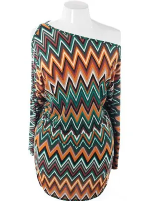Plus Size Off Shoulder Colorful Zig Zag Dress