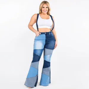 PLUS SIZE PATCHWORKED FLARE JEANS WITH SUSPENDERS-