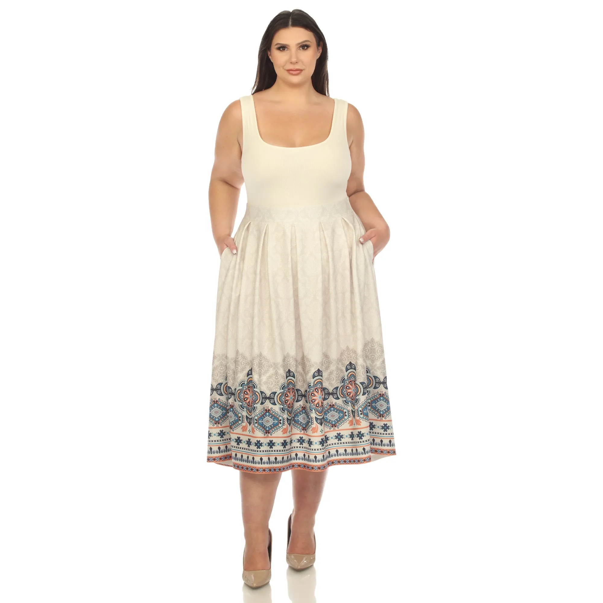 Plus Size Pleated Skirt with Border Prints