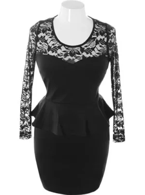Plus Size See Through Long Sleeve Peplum Black Dress