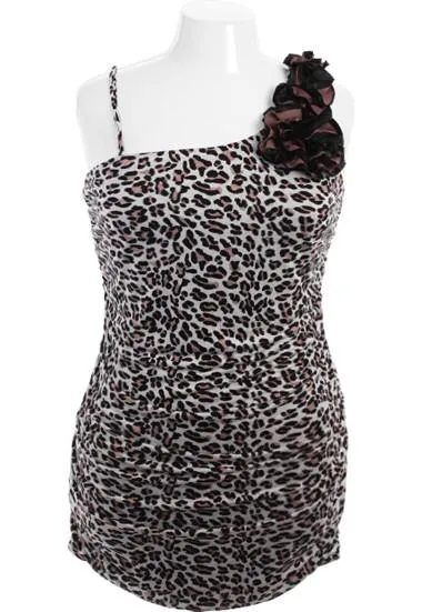 Plus Size Sexy One Shoulder Leopard Ruffle Dress