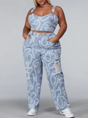 PLUS SIZE SLEEVELESS 2PC. TOP & PANTS DISTRESSED DENIM PRINT SET