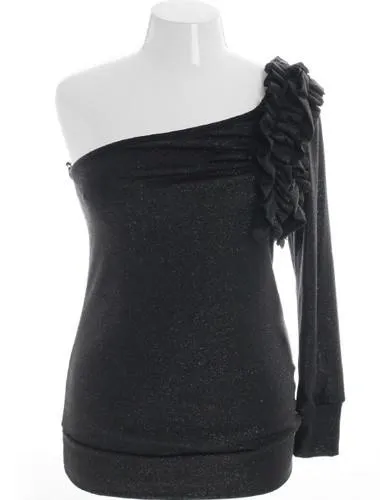 Plus Size Sparkling One Shoulder Ruffled Black Top