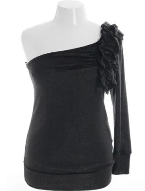 Plus Size Sparkling One Shoulder Ruffled Black Top