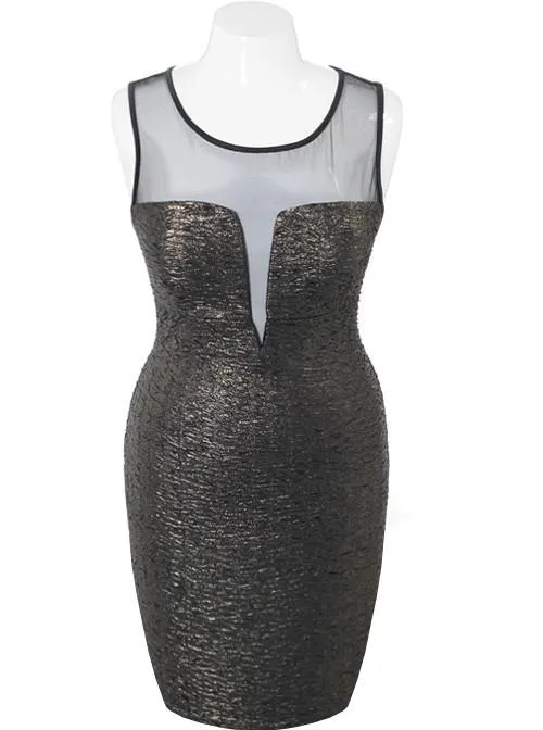 Plus Size Sparkling Scuba Mesh Gold Dress