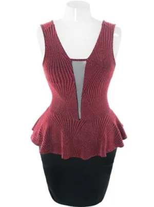 Plus Size Sparkling Scuba Mesh Peplum Red Dress