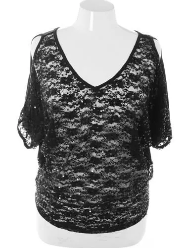 Plus Size Sparkling See Through Black Top