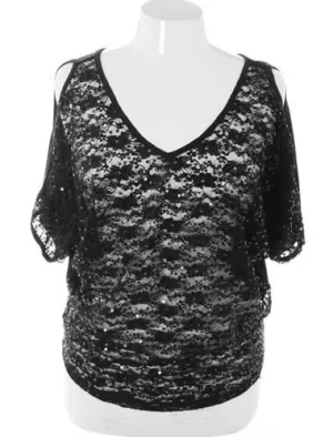 Plus Size Sparkling See Through Black Top