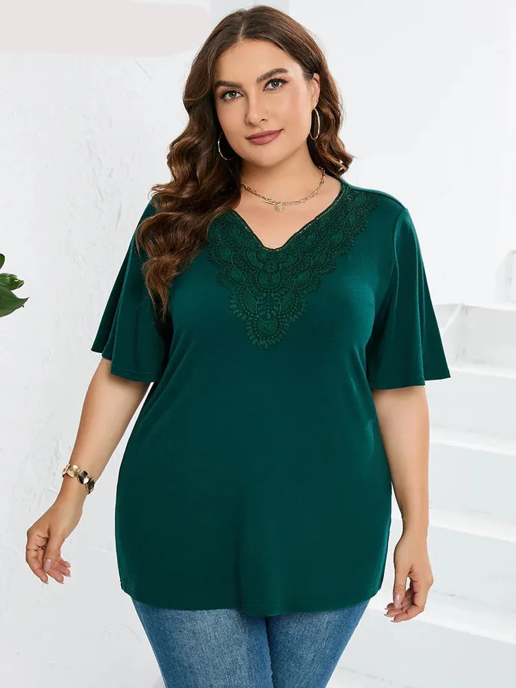 Plus Size V-Neck Lace Butterfly Sleeve Tops Blouses