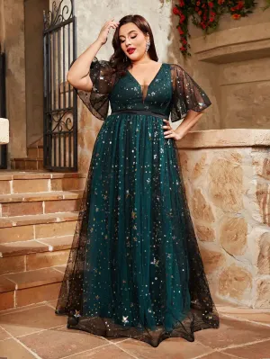 Plus size V-neck sequin embroidered Party dress
