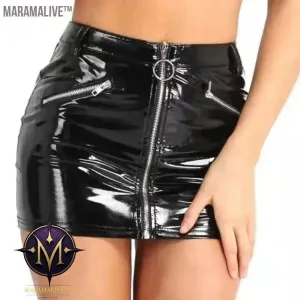 Plus Size Wetlook Latex Mini Skirts Women Sexy Leather Bodycoon Hip Wrap Skirt High Waist Zipper Skirts Night Party Clubwear