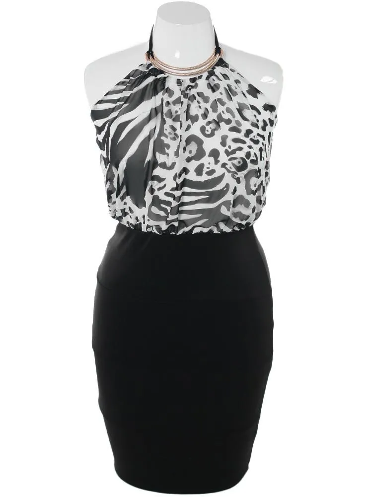 Plus Size Wild Print Blouson Halter Dress