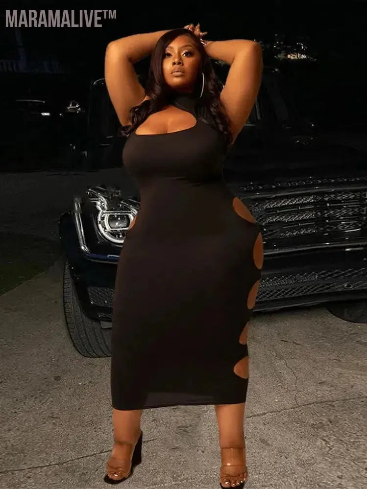 Plus Size Women Clothing Summer Midi Dress Bodycon 2022 Hollow Out Sexy Party Dress Clubwear