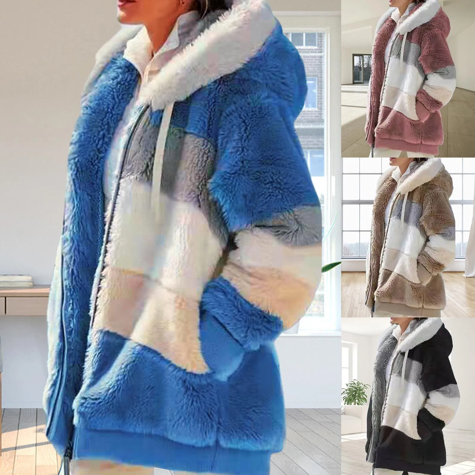 Plus Size Women  Long Sleeve Color Block Zipper Fluff Hooded Warm Coat Jacket