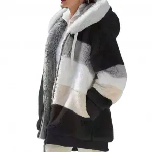Plus Size Women  Long Sleeve Color Block Zipper Fluff Hooded Warm Coat Jacket
