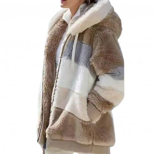 Plus Size Women  Long Sleeve Color Block Zipper Fluff Hooded Warm Coat Jacket
